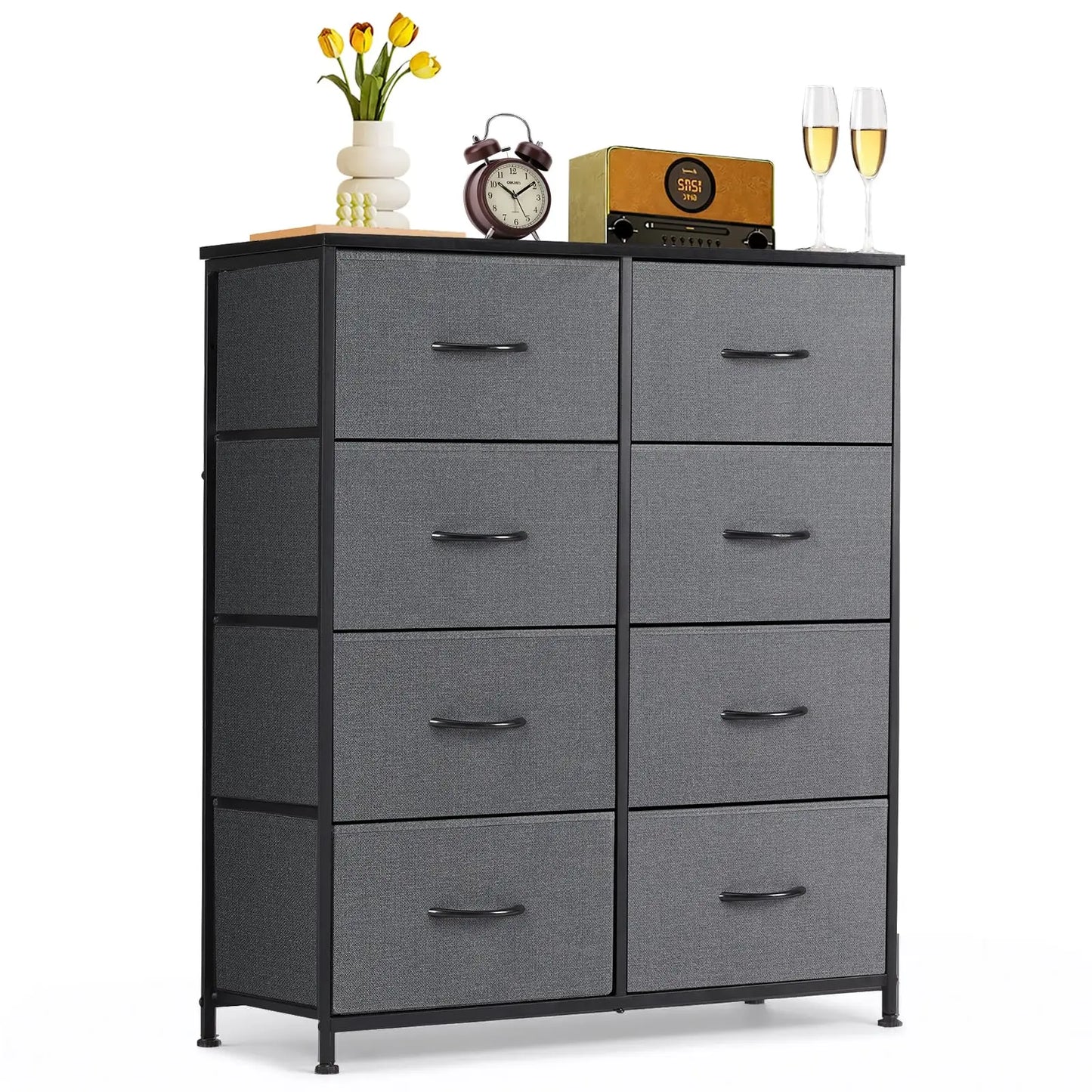 9‑Drawer Tall Bedroom Dresser with Wooden Top & Fabric Bins