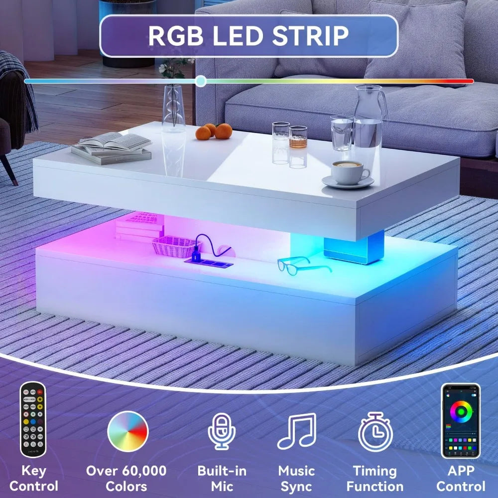 39" White High‑Gloss LED Coffee Table with USB Charging & 2 Drawers