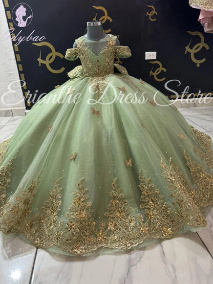 Green Flower Girl Dress For Wedding 3D Butterfly Applique Tulle Kids Birthday Party First Communion Ball Gowns Customized