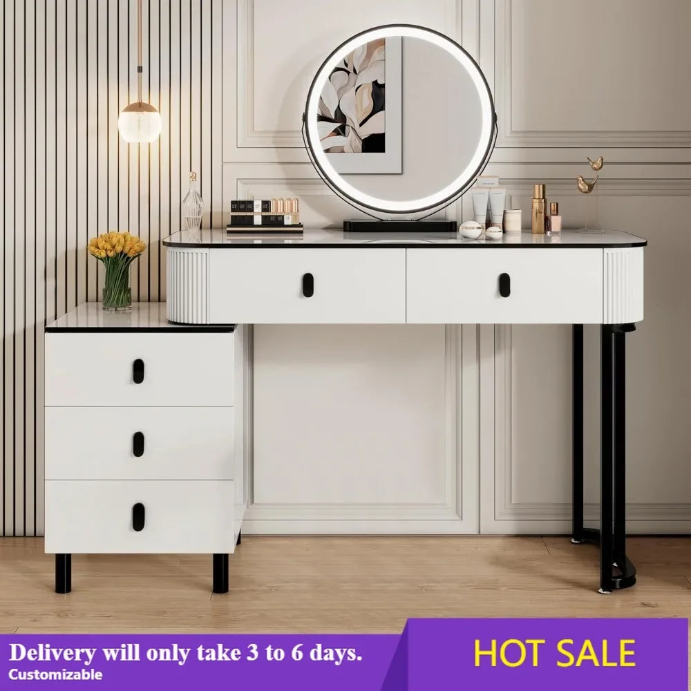 Modern LED Vanity Desk — Mirror, Drawers & Adjustable Cabinet