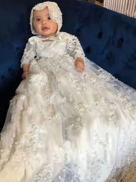 Customized Baby Baptism Dress Flower Girl Dress Pearls Floral Appliques Long Sleeve Wedding Birthday Party Holy Communion Gown