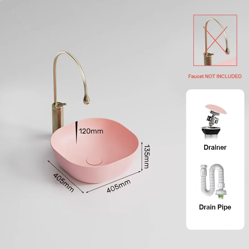 Pink Ceramic Vessel Sink – Modern Countertop Basin with Drain