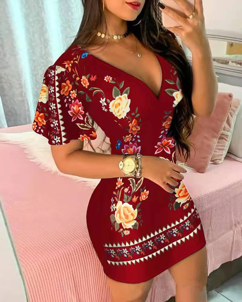 Women’s Elegant Floral Print Bodycon Mini Dress – Sexy Deep V‑Neck Summer Party & Office Look