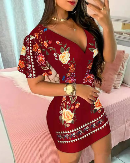 Women’s Elegant Floral Print Bodycon Mini Dress – Sexy Deep V‑Neck Summer Party & Office Look