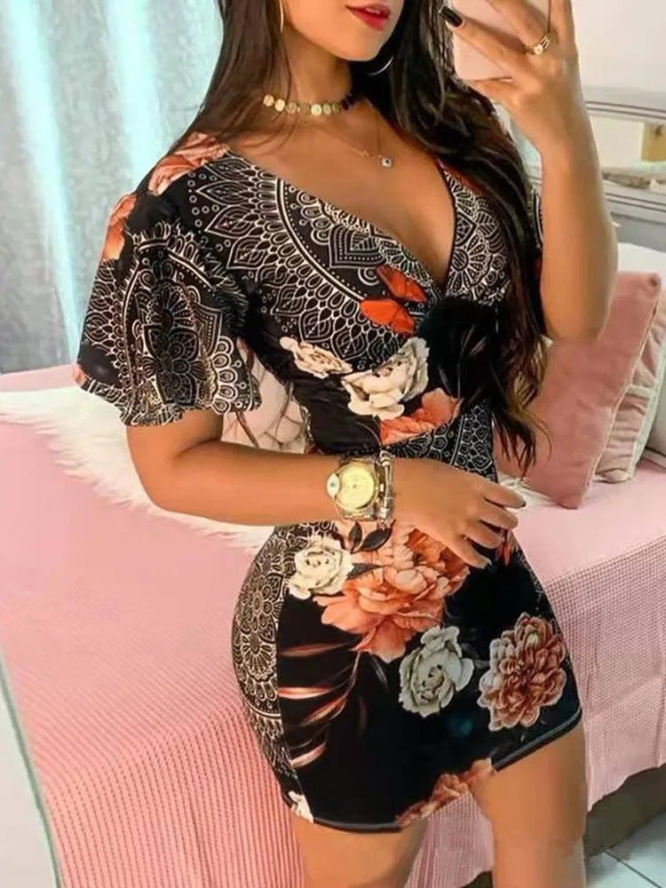 Women’s Elegant Floral Print Bodycon Mini Dress – Sexy Deep V‑Neck Summer Party & Office Look