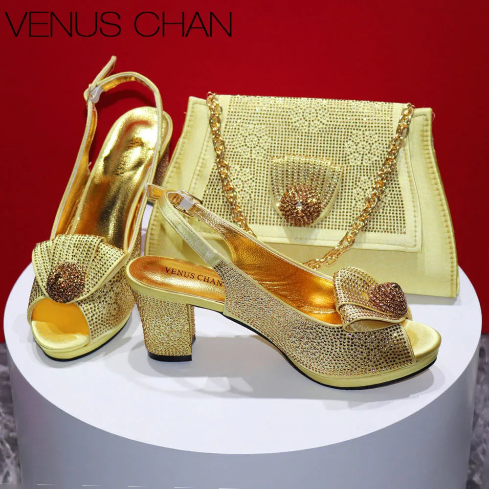 Mature Sweet Spot New Arrival Peach-Colored Square-Heel Peep-Toe Shoes with Matching Bag Set for Nigerian Women's Wedding Party Pumps