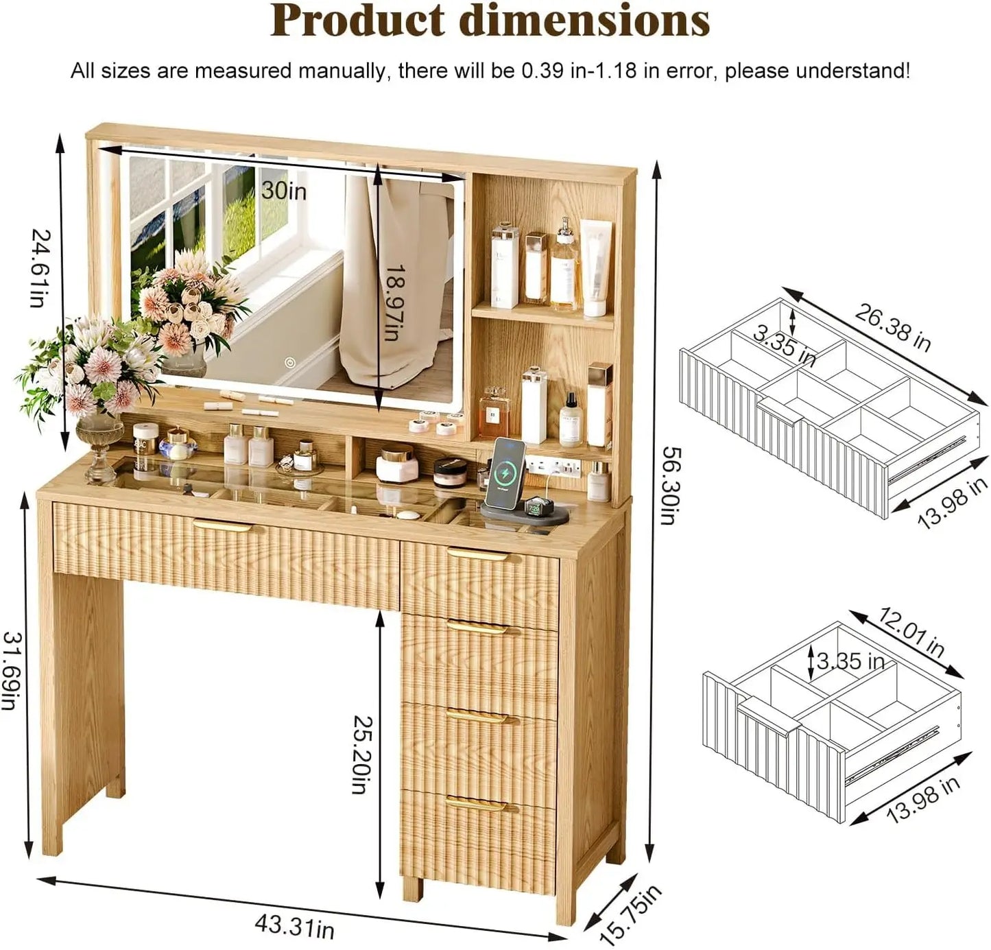 43.3" Glass‑Top Vanity Desk with LED Mirror & 5 Drawers