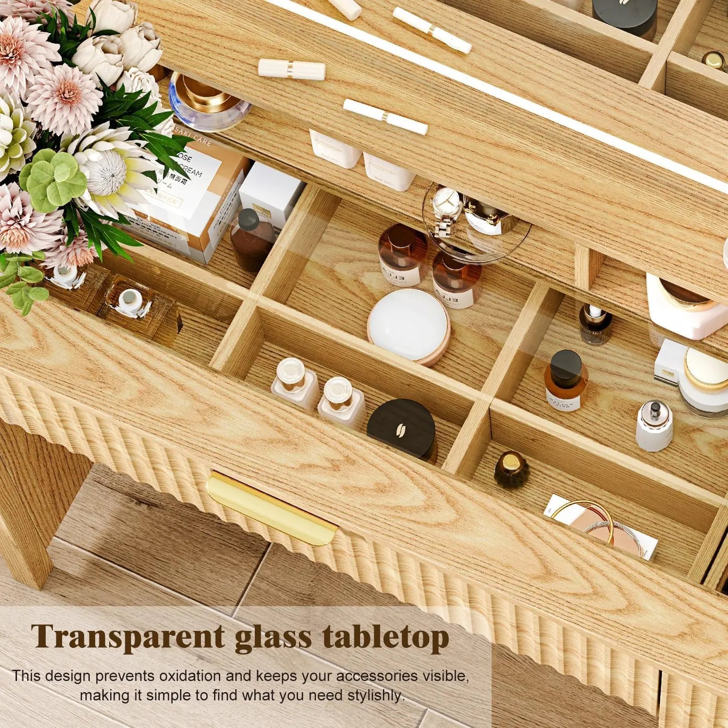 43.3" Glass‑Top Vanity Desk with LED Mirror & 5 Drawers