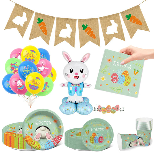 Happy Easter Party Decorations – Bunny & Egg Paper Plates with Cute White Rabbit and Carrot Foil Balloons, Kids Party Supplies & Favors