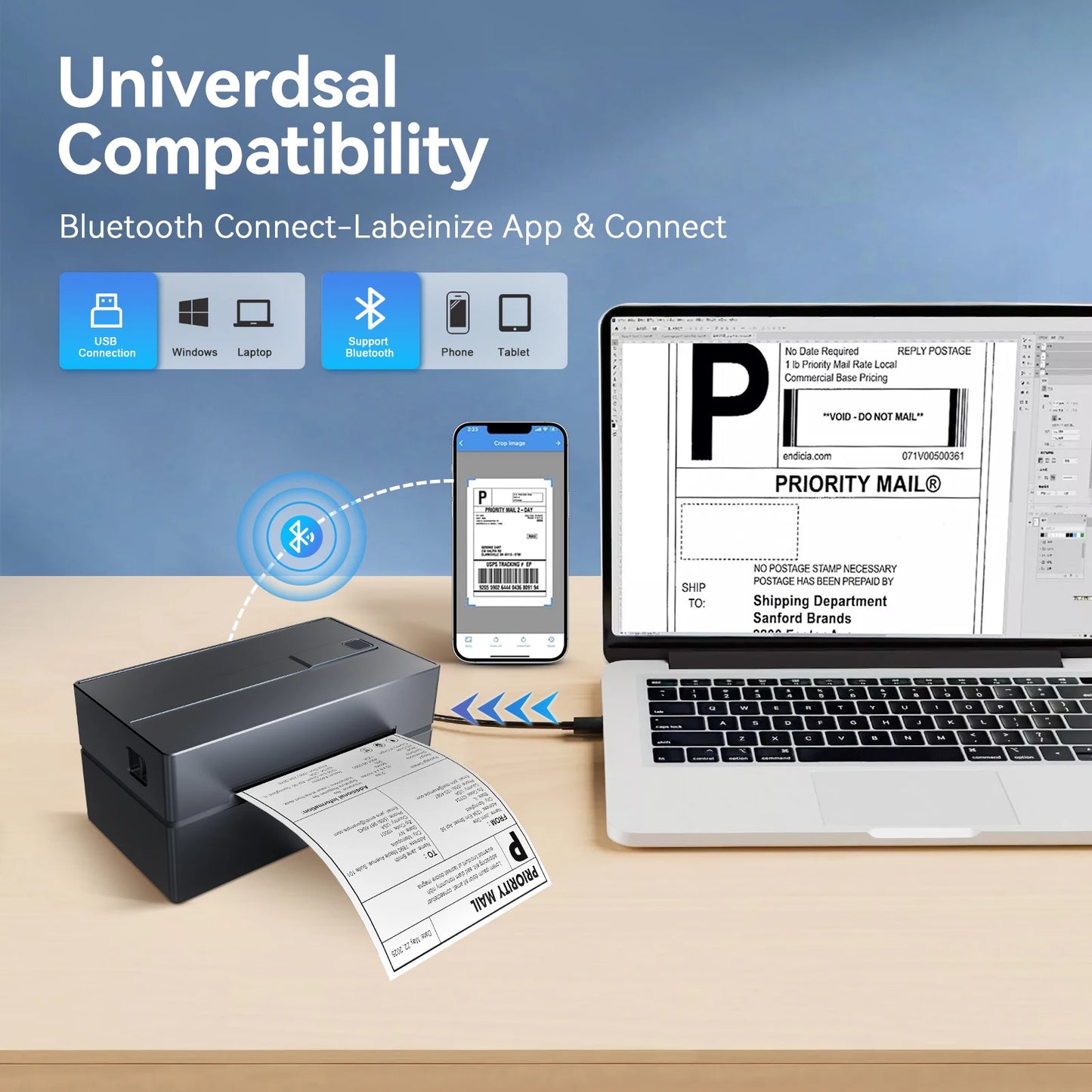 Thermal Label Printer Portable No Ink Required 300DPI 4x6 for Small Business WiFi Bluetooth USB High Speed Express Airway Bill