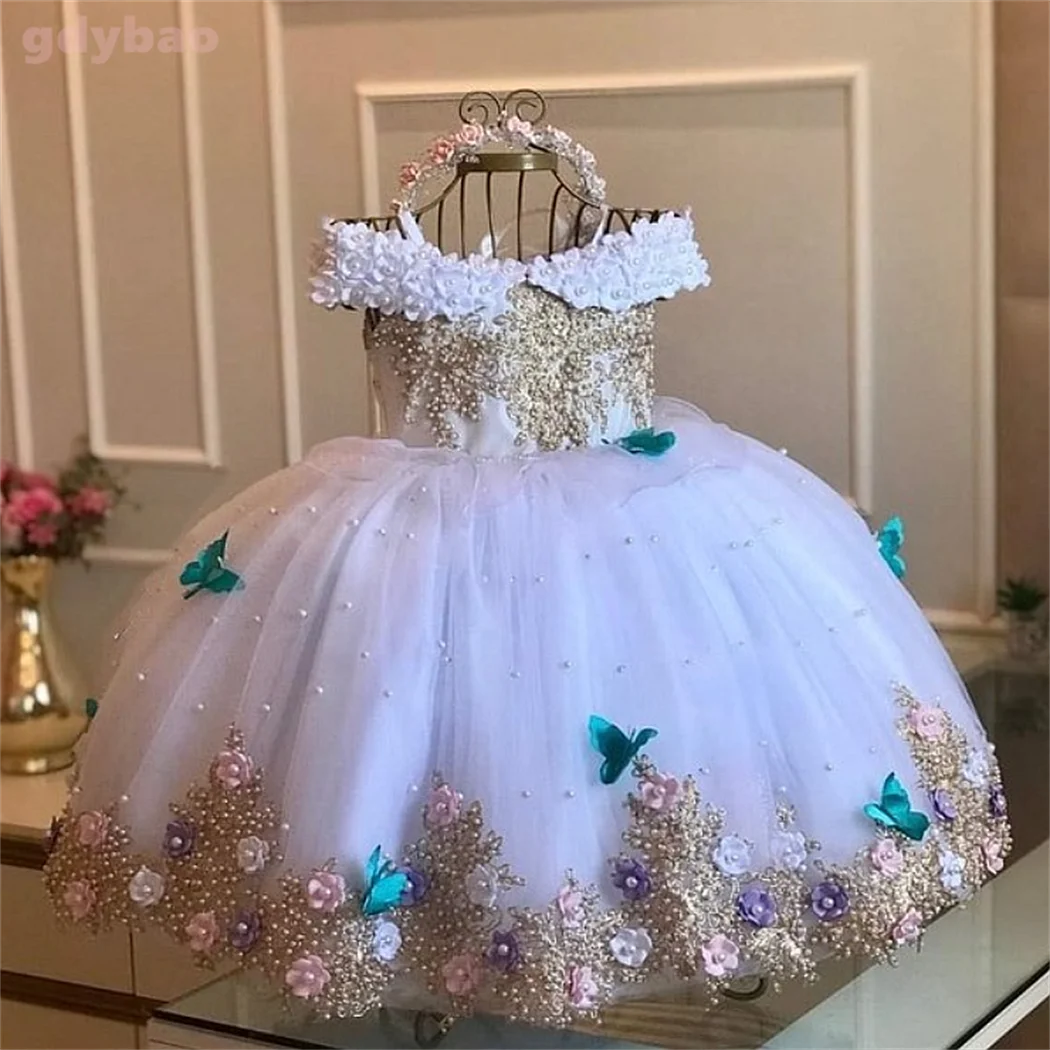 Off‑Shoulder Pearl &amp; Lace Butterfly Flower Girl Dress (Infant · First Birthday · Ball Gown · Customizable)