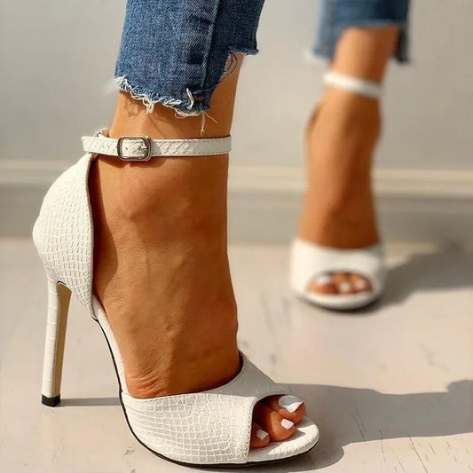 Sexy White Peep Toe Ankle‑Strap Stiletto Pumps – Snake Pattern High Heels