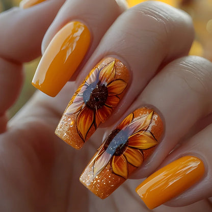 24pcs Gold Stripe Press‑On Nails – Long Square Full Cover Tips