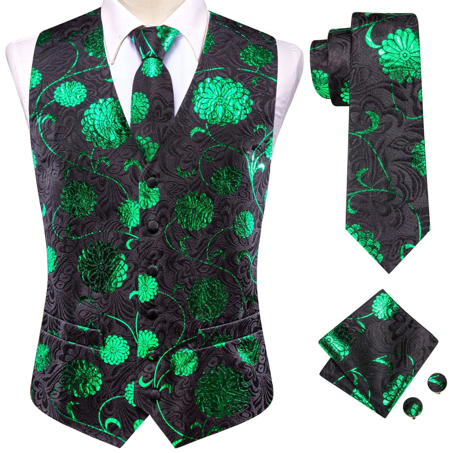 Hi-Tie 20 Color Silk Men's Vests Tie Slim Sleeveless Jacket Hanky Cufflink Waistcoat 4PC Suit