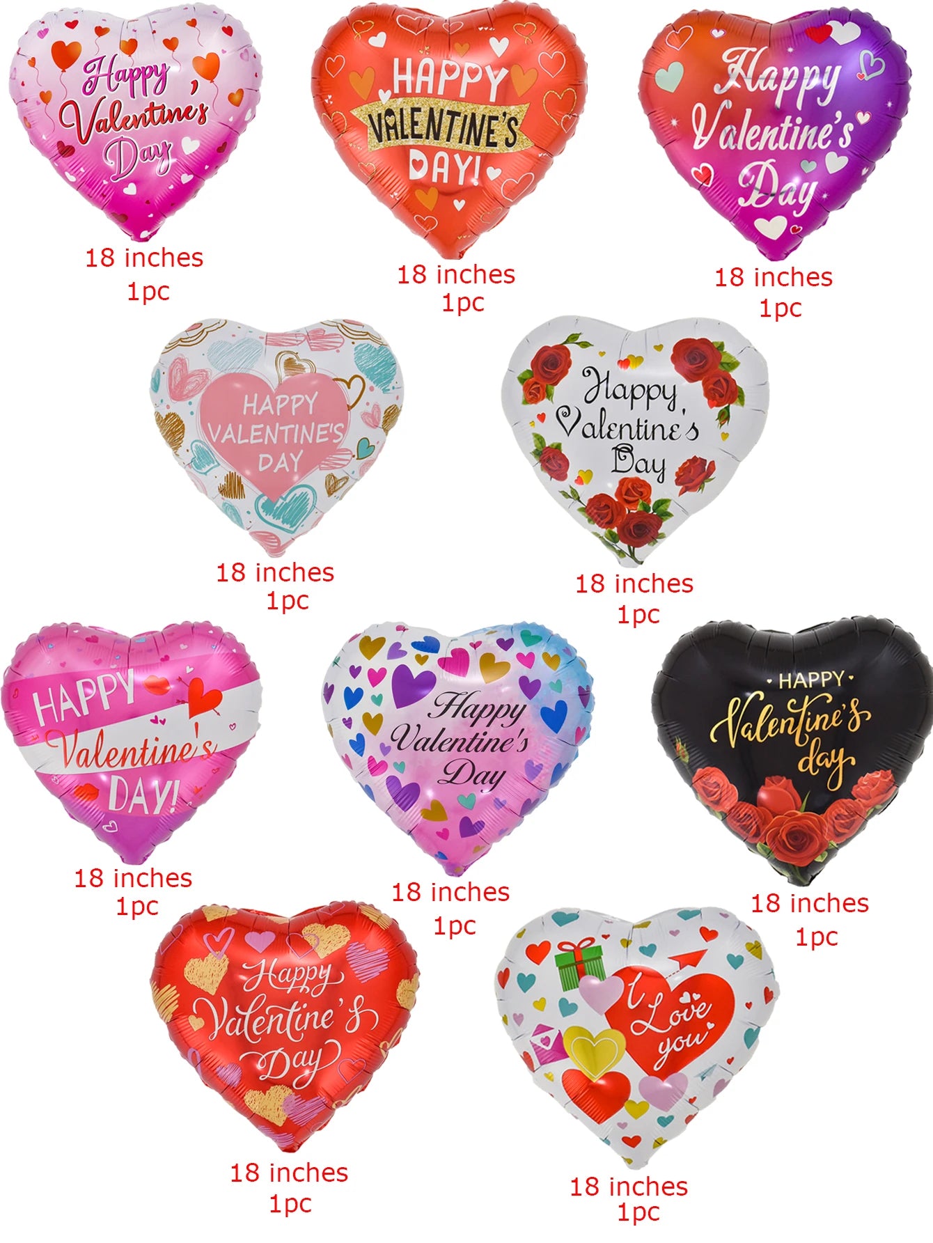 10pcs 18inch Happy Valentine's Day Heart Foil Balloons Helium Balloon Valentine's Day Party Decorations