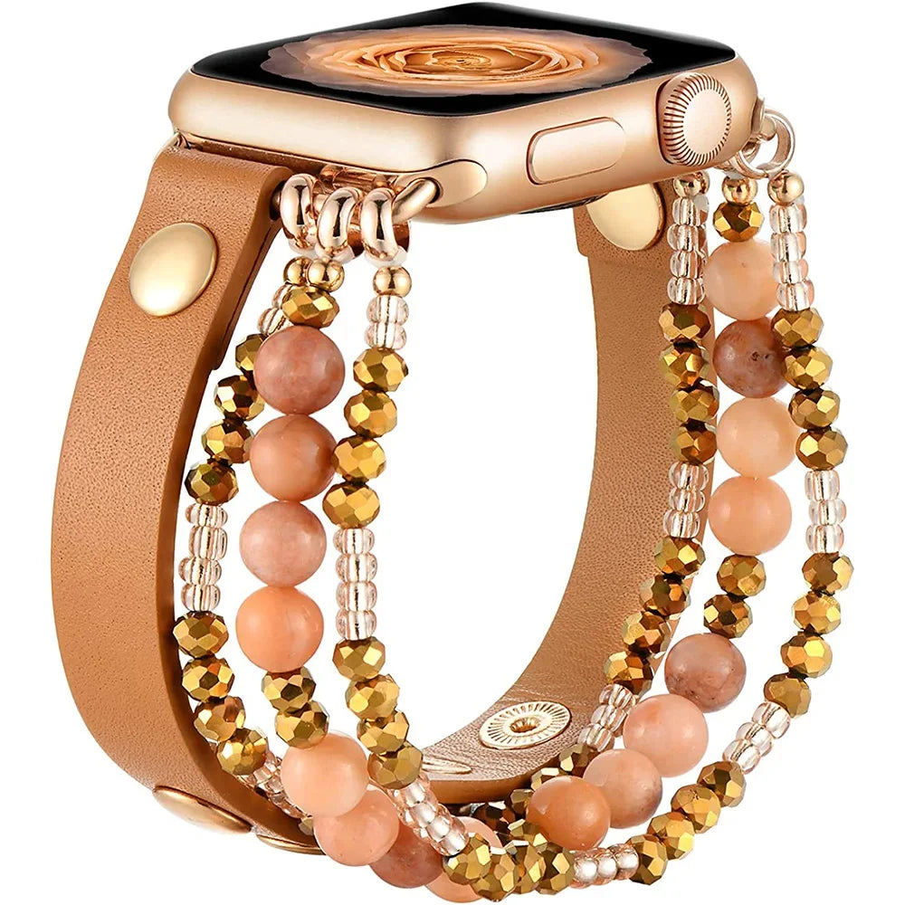 Leather Strap For Apple Watch Ultra 2 Band 49mm 40mm 46mm 41mm Women Elastic Beaded Bracelet Iwatch Series 10 9 8 7 6 SE 5 45mm
