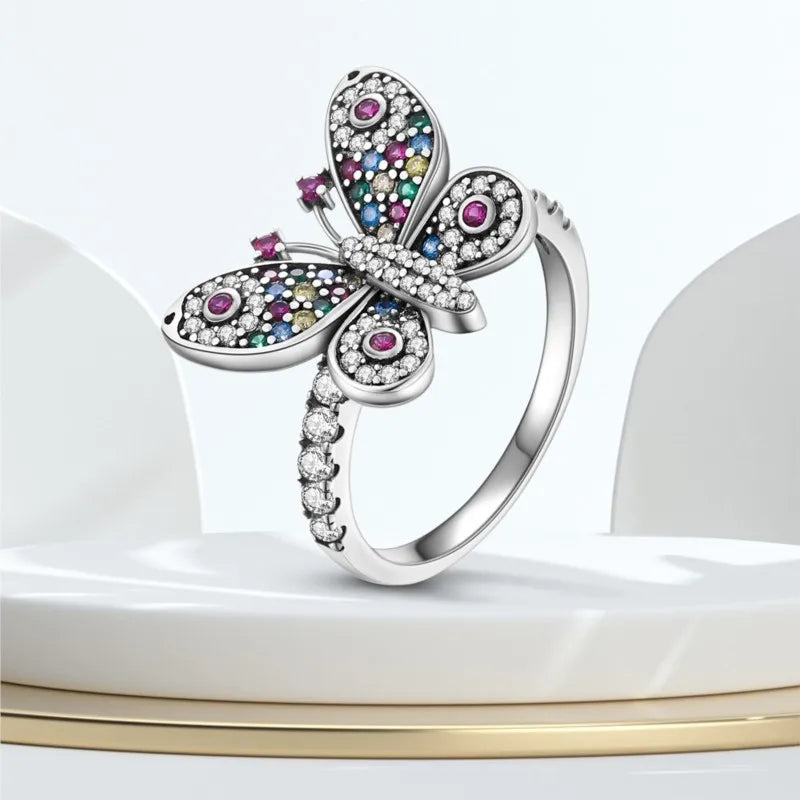 925 Sterling Silver Inlaid Full With Colorful Zirconium Butterfly Rings For Wedding Engagement Silver Rings Jewelry