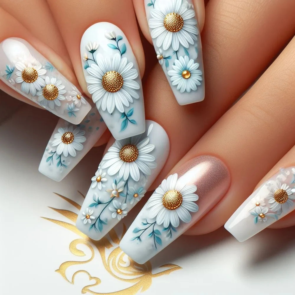 24pcs Gold Stripe Press‑On Nails – Long Square Full Cover Tips