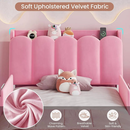 Twin Princess Bed Frame with Storage Drawer & LED Guardrails