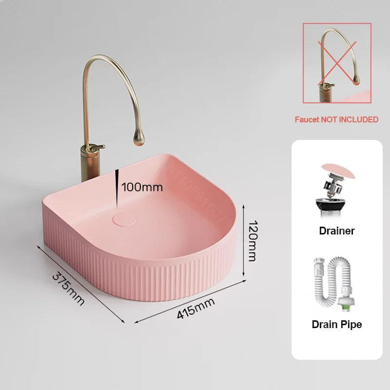 Pink Ceramic Vessel Sink – Modern Countertop Basin with Drain