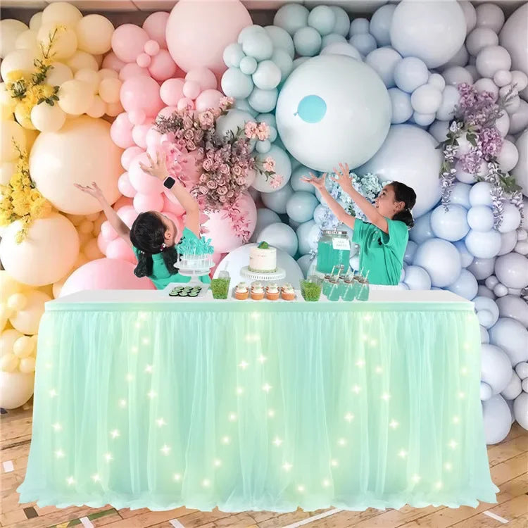 Tulle Table Skirt with LED Lights 6FT Table Cloth for Baby Shower Wedding Birthday Party Bar Home Table Valentine's Day Decor