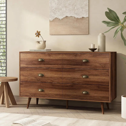 47" Walnut 6‑Drawer Dresser with Gold Handles