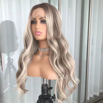 Ash Blonde Body Wave Lace Front Wig – Pre‑Plucked Long Wavy Synthetic Lace Frontal for Women