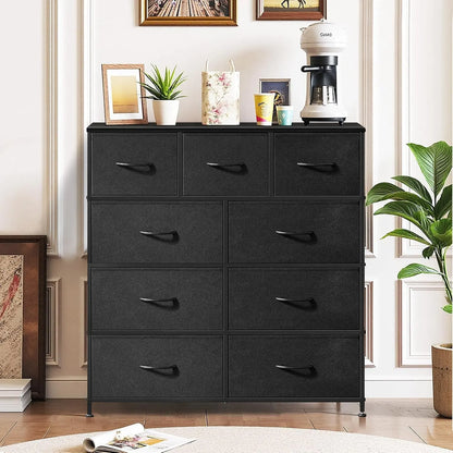 9‑Drawer Tall Bedroom Dresser with Wooden Top & Fabric Bins
