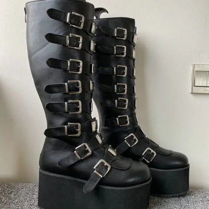 Women Boots Cosplay Ladies High Heel Platform Wedges Women High Boots Gothic Buckle Strap Long Tube Leather Female Boots Plus Si