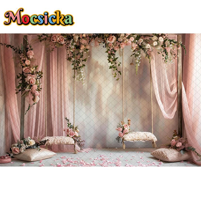 Mocsicka Photography Background Spring Indoor Wreath Cradle Decor Wedding Maternity Adult Kids Portrait Backdrop Photo Studio