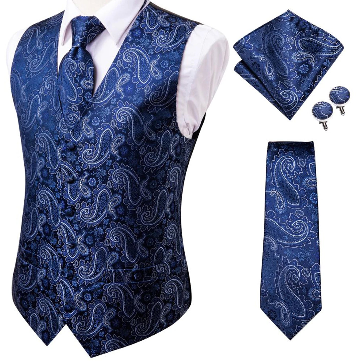 Hi-Tie 20 Color Silk Men's Vests Tie Slim Sleeveless Jacket Hanky Cufflink Waistcoat 4PC Suit