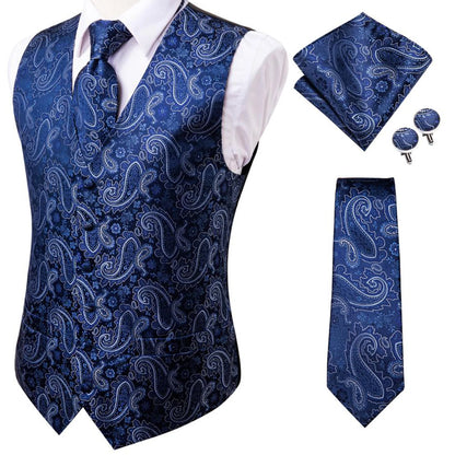 Hi-Tie 20 Color Silk Men's Vests Tie Slim Sleeveless Jacket Hanky Cufflink Waistcoat 4PC Suit
