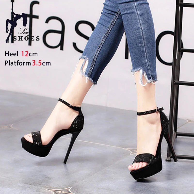 Elegant Gold Rhinestone Stiletto Sandals – 12CM Party & Wedding Heels