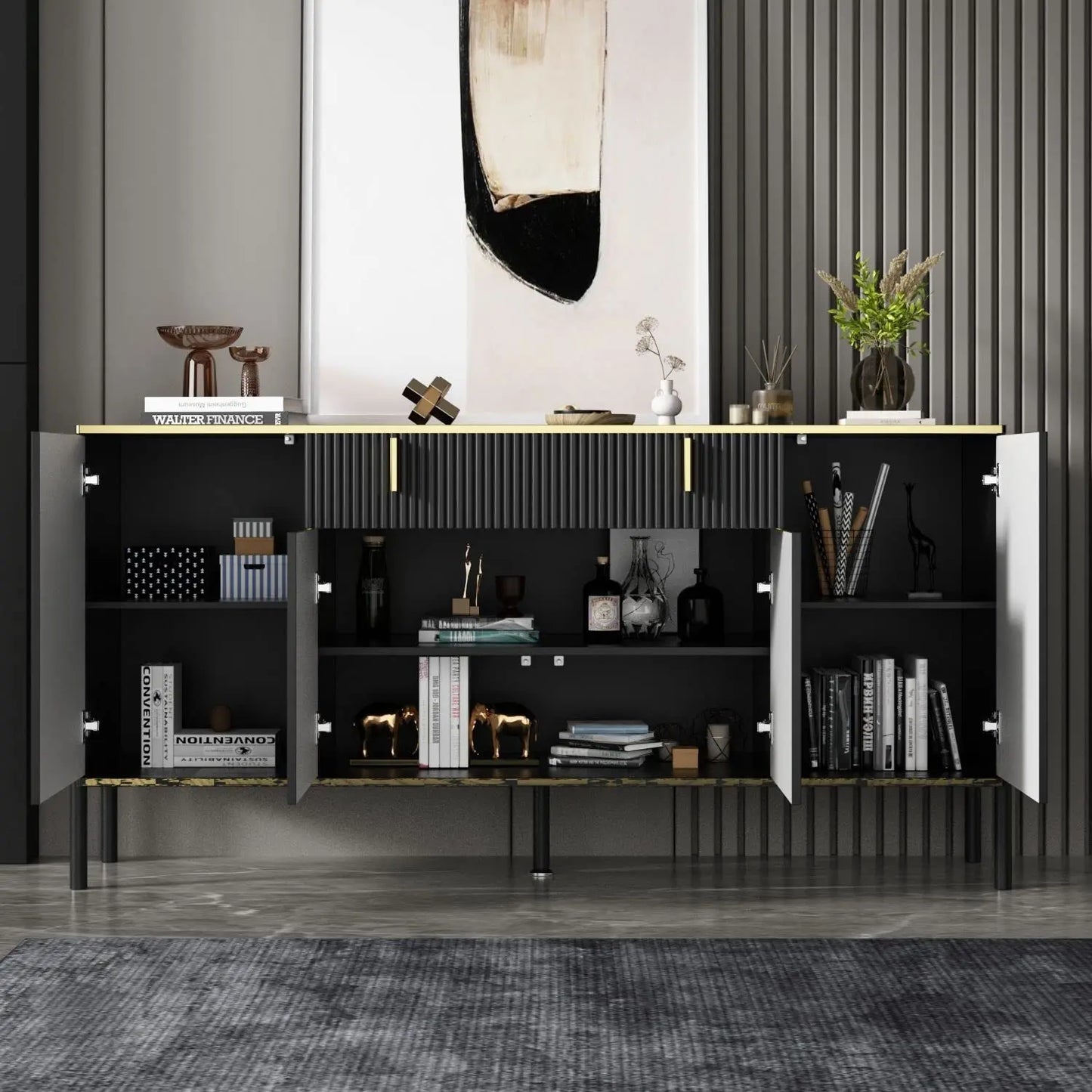63" Modern Sideboard with Drawer & Pop‑Up Doors – Metal Legs