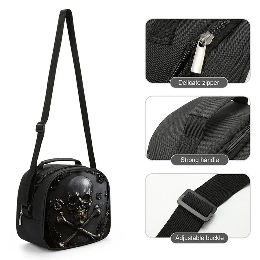 Skull Design Shoulder Strap Insulated Lunch Bag Eco-Friendly Waterproof Thermal Cooler Reusable Student Bento Food