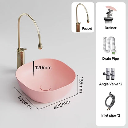 Pink Ceramic Vessel Sink – Modern Countertop Basin with Drain