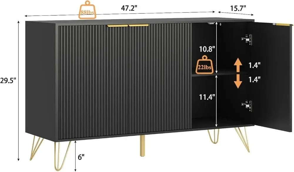 47.2" Modern Fluted Sideboard Cabinet with 3 Doors & Adjustable Shelves
