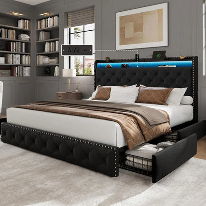 King Bed Frame w/ LED & 4 Drawers — Velvet Upholstered