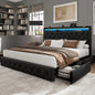 King Bed Frame w/ LED & 4 Drawers — Velvet Upholstered