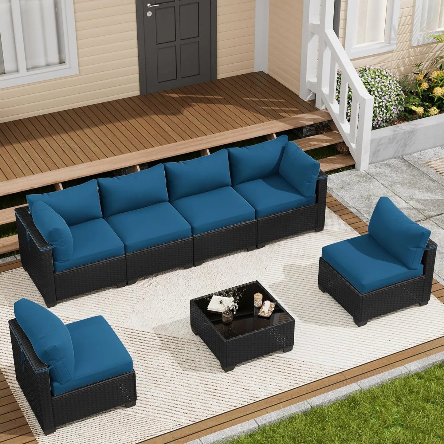 7‑Piece Wicker Rattan Patio Sofa Set with Coffee Table & Cushions