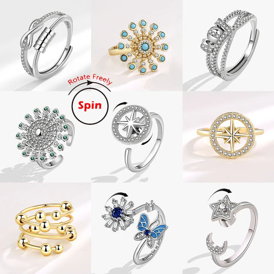 Fashion Beads Anxiety Fidget Spinner Rings Korea Crystal Butterfly Flower Star Moon Ring Anti Stress Jewelry Gift