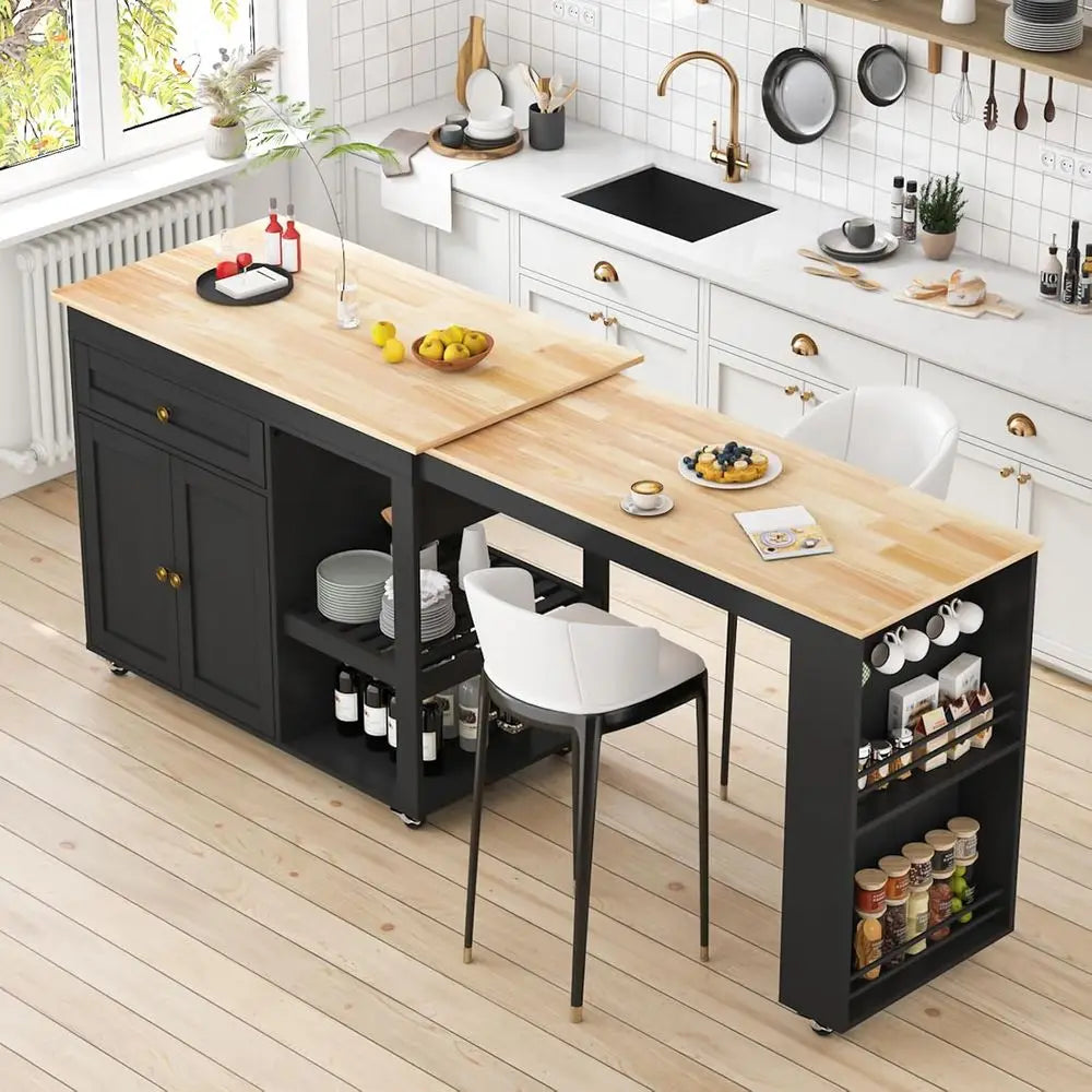 78 Rolling Kitchen Island with Extendable Dining Table or 4, Kitchen Islands on Wheels with Pull Out Table, 2-Tier Storage Shelf