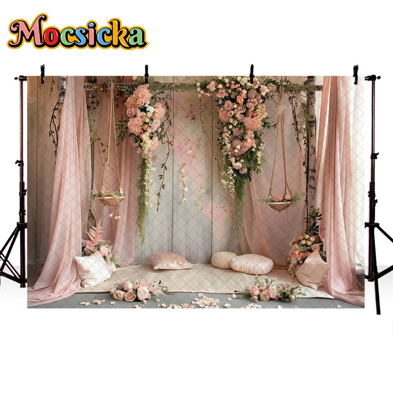 Mocsicka Photography Background Spring Indoor Wreath Cradle Decor Wedding Maternity Adult Kids Portrait Backdrop Photo Studio
