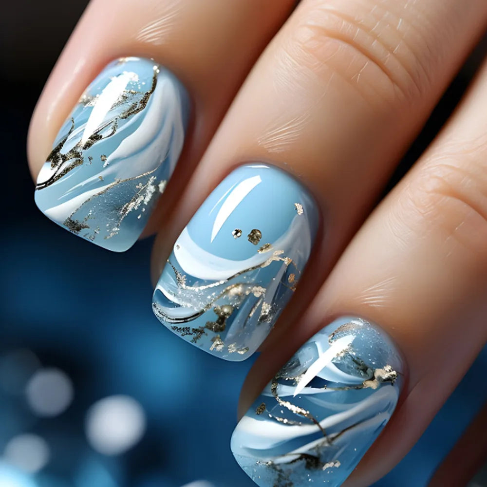 24pcs Gold Stripe Press‑On Nails – Long Square Full Cover Tips