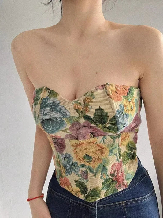 Textured Floral Corset Top Summer Vintage Embroidery Off Shoulder Strapless Tube Fit Crop Tank Tops Teen-girl Coquette Outfit