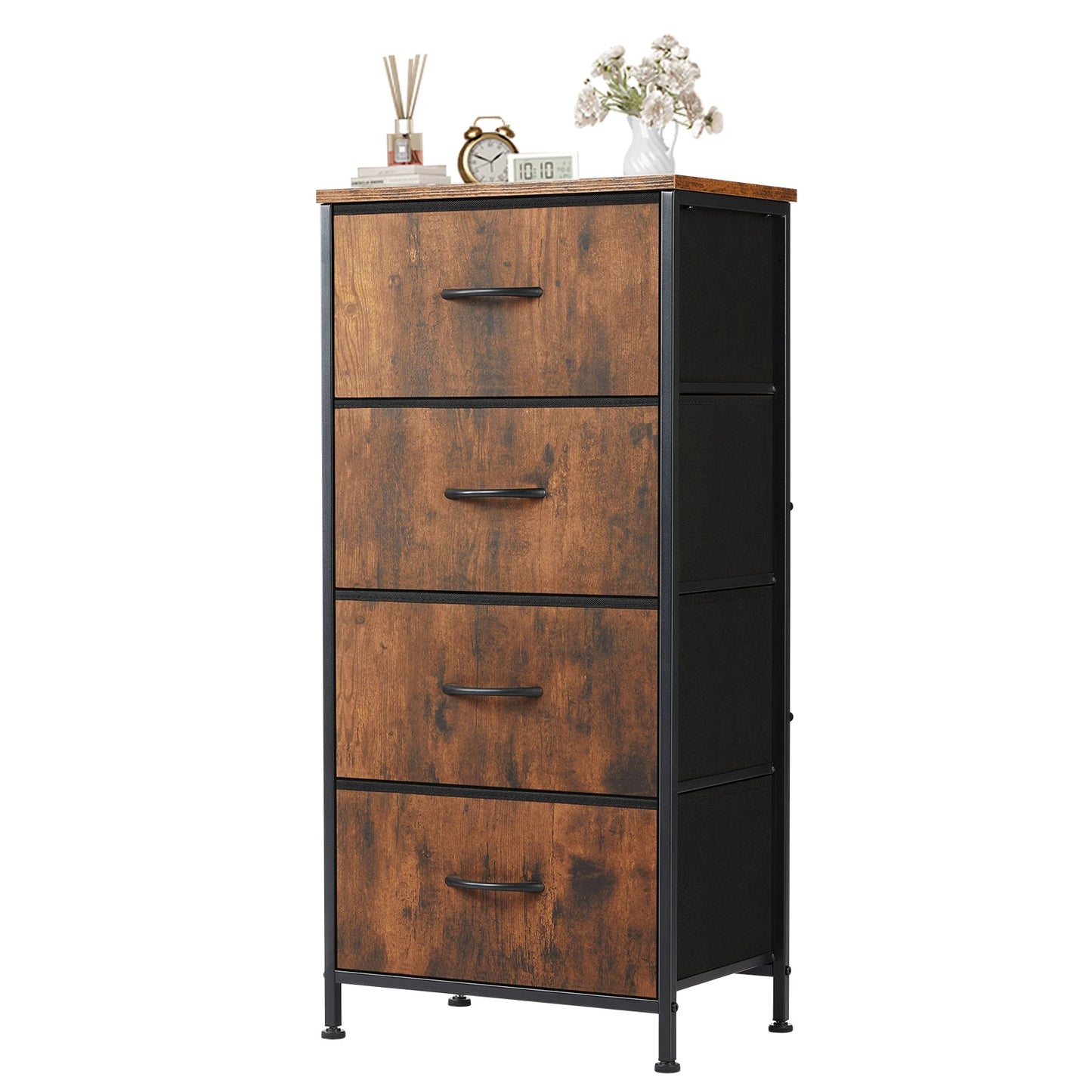 4‑Drawer Fabric Cabinet – Wood Top, Steel Frame