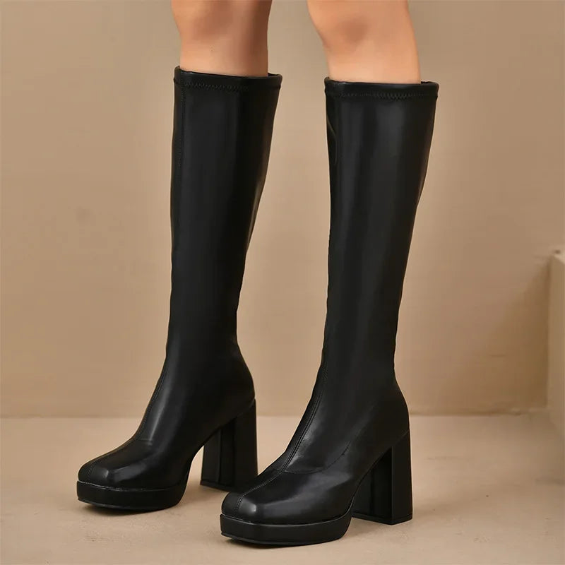 Plus Size High Heels Boots for Women Square Heeled Chunky Platform Knee-High Boots Woman 2025 Winter Thick Sole Square Toe Boots