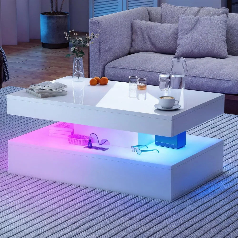39" White High‑Gloss LED Coffee Table with USB Charging & 2 Drawers