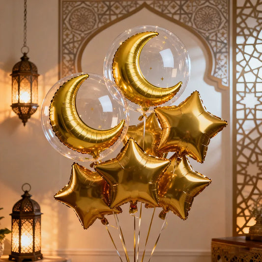 11‑Piece Golden Moon & Star Foil Balloon Set – Ramadan & Eid Party Decorations