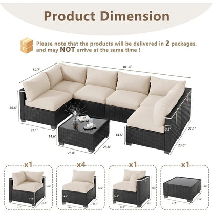 7‑Piece Wicker Rattan Patio Sectional Set with Coffee Table & Cushions